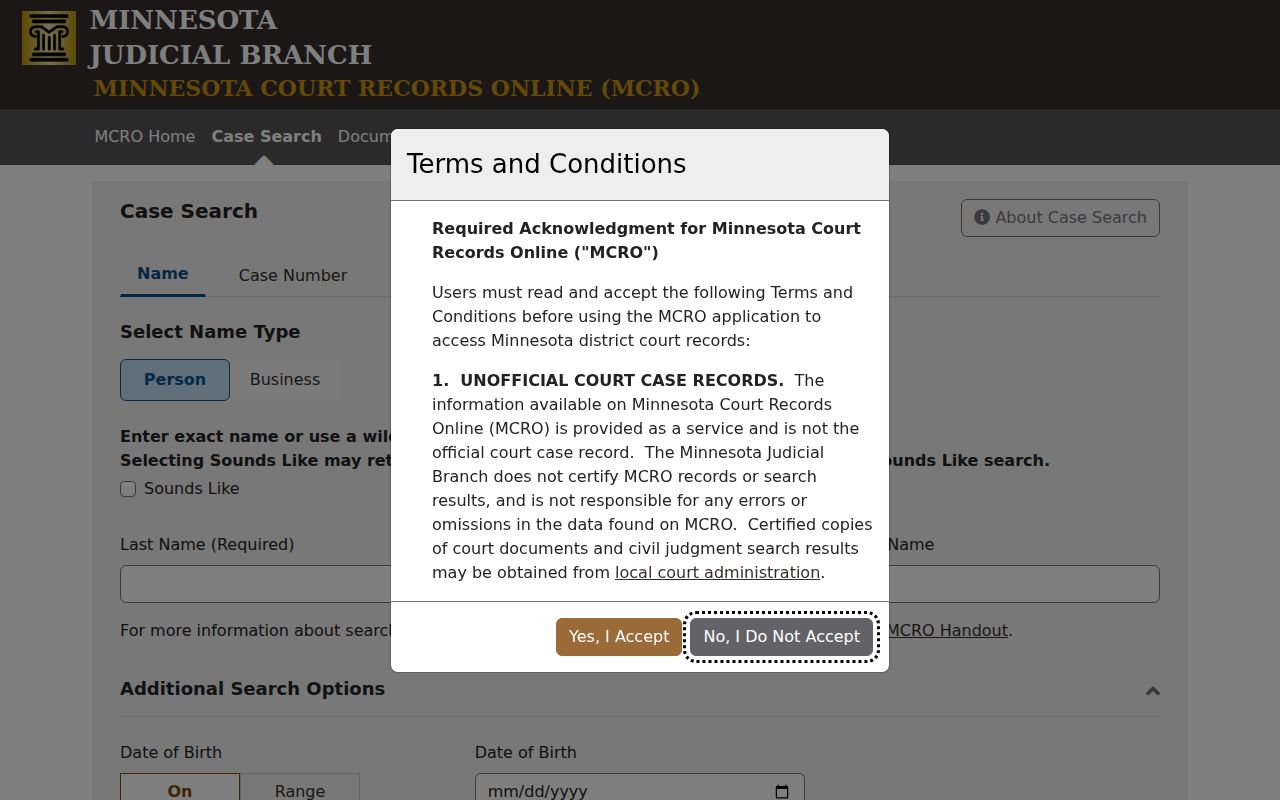Blue Earth County case search MCRO Case Search form