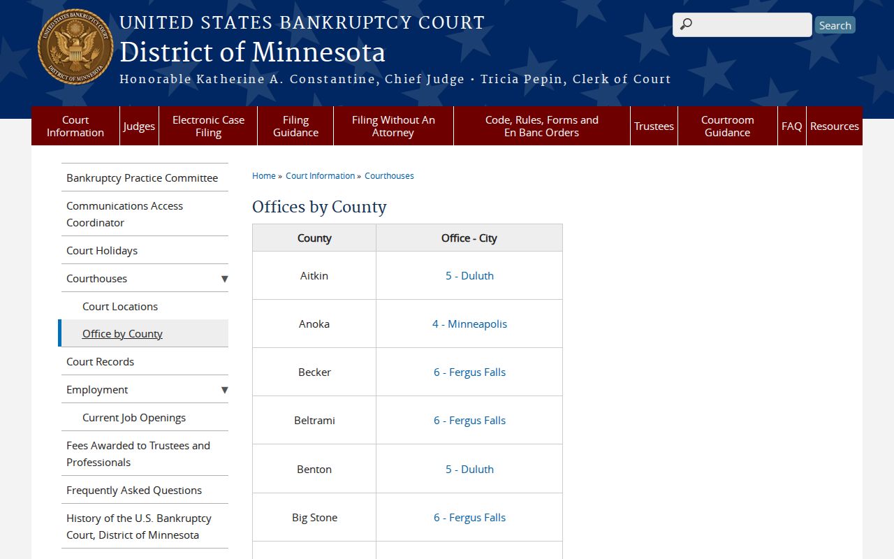 Blue Earth court docket boundary with bankruptcy court county offices