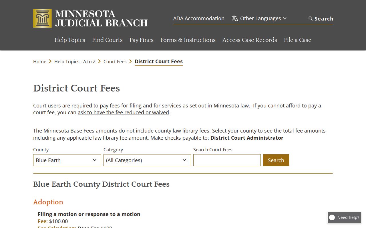 Blue Earth County civil docket district court fee lookup