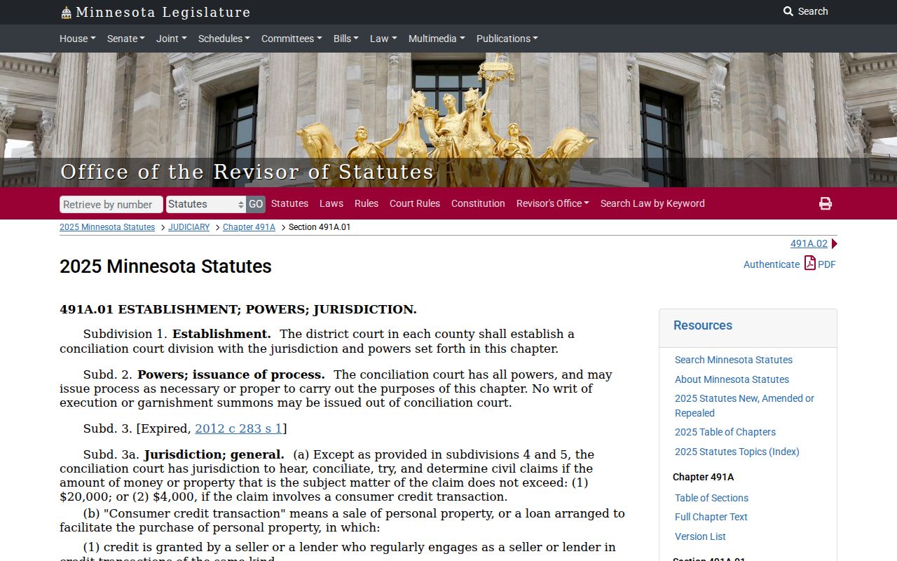 Blue Earth County civil docket Conciliation Court jurisdiction statute