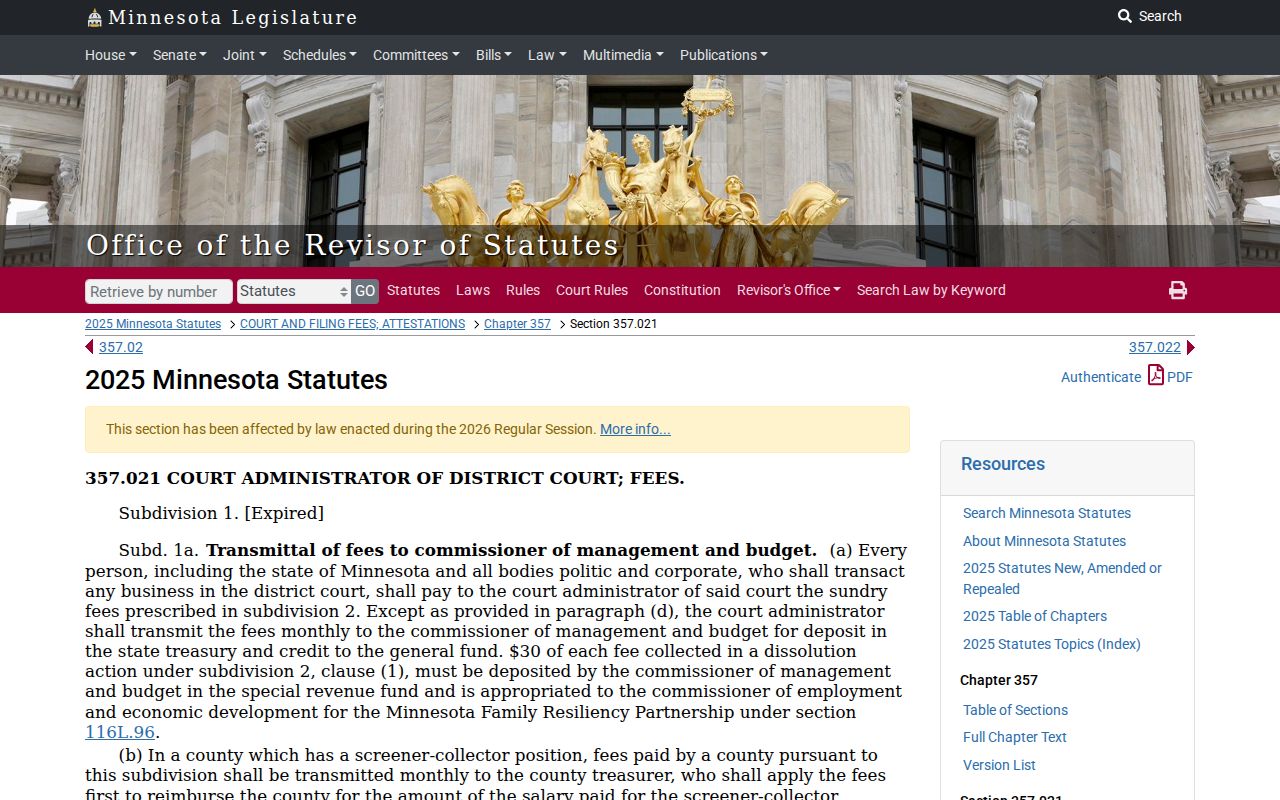 Blue Earth County civil docket Minnesota court fee statute