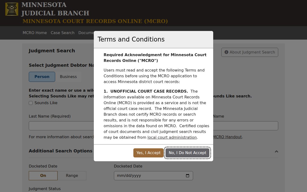 Blue Earth County court records MCRO Judgment Search