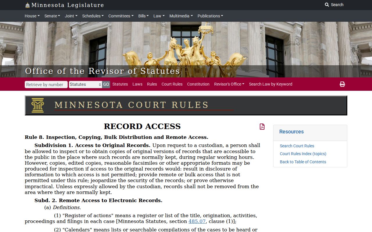 Blue Earth County court records Minnesota Rule of Public Access 8
