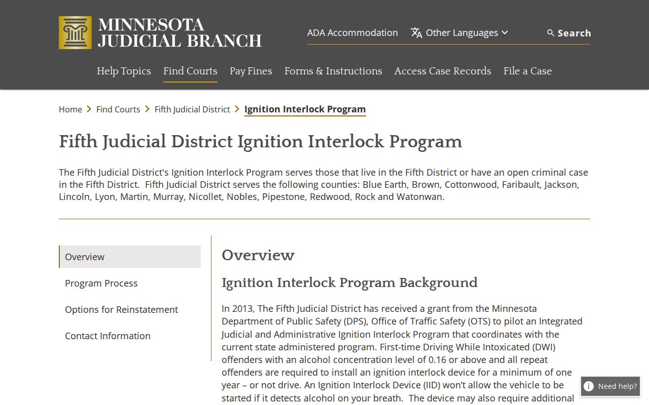 Blue Earth County criminal docket Fifth Judicial District program record