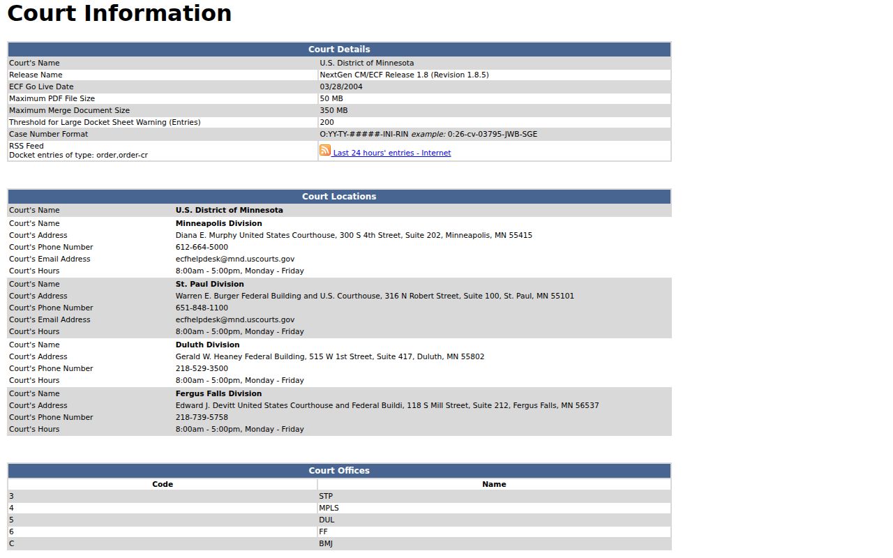 North Mankato court docket boundary with federal CM ECF information
