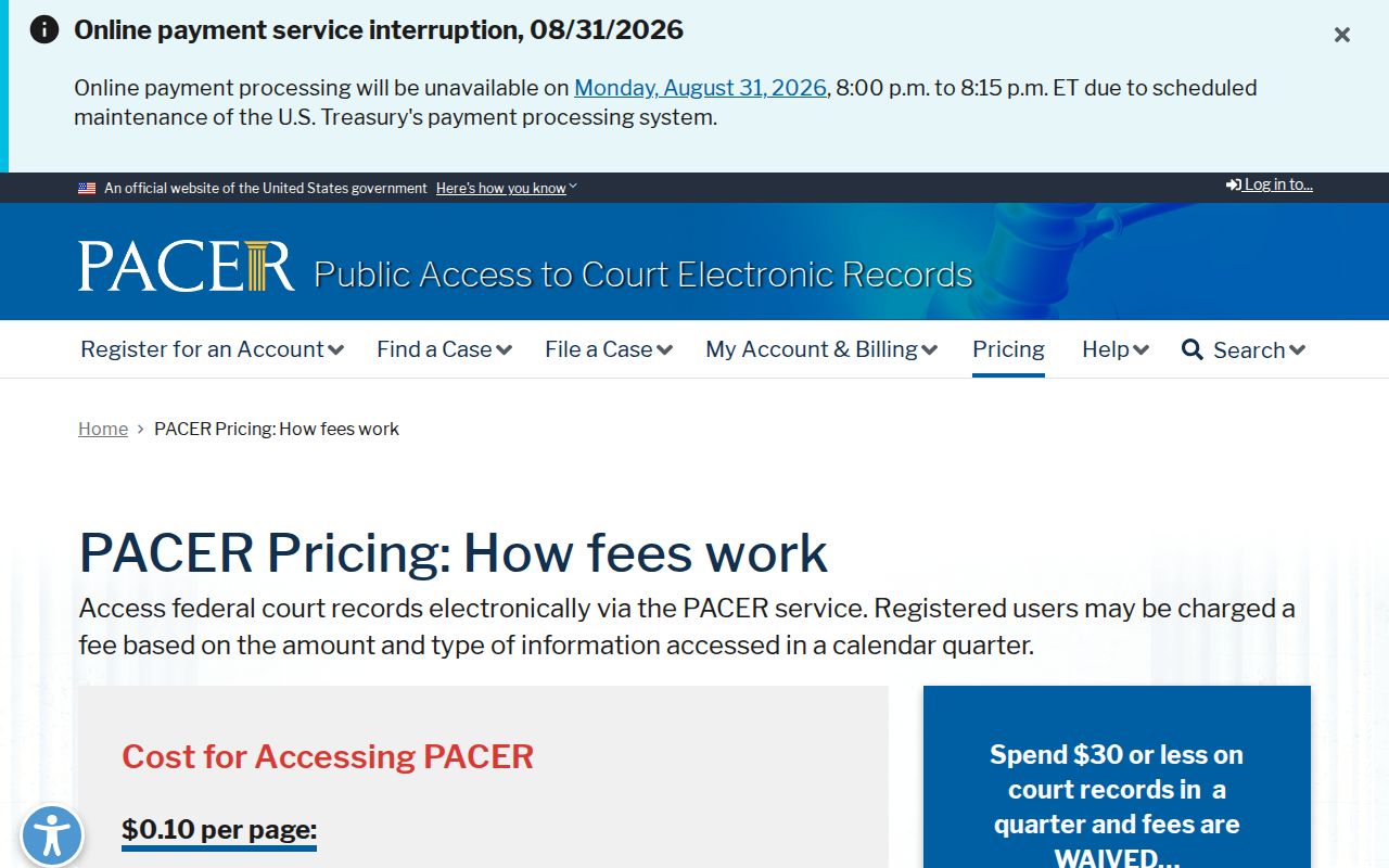 North Mankato court docket boundary with PACER access fees